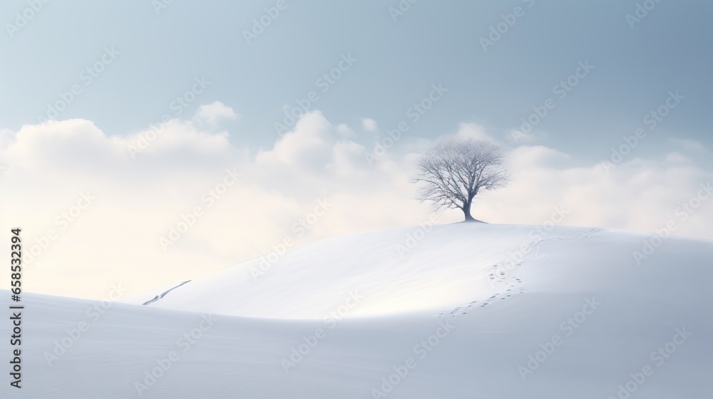 a lone tree on a snowy hill with clouds in the background. generative ai a lone tree on a snowy hill with clouds in the background. generative ai