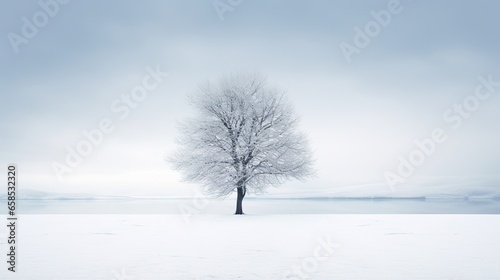  a lone tree stands alone in a snowy field on a cloudy day. generative ai