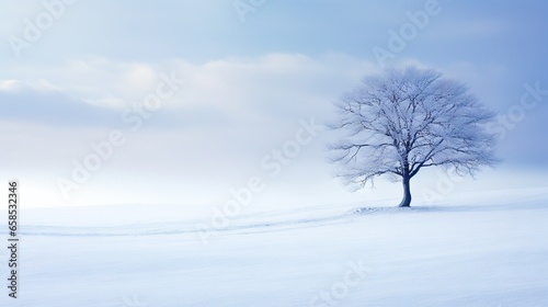  a lone tree stands alone in a snowy field on a cold day. generative ai