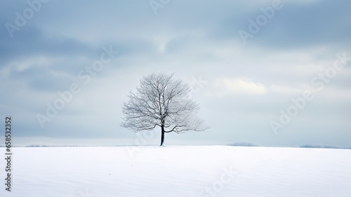  a lone tree stands alone in a snow covered field under a cloudy sky. generative ai
