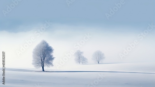  a lone tree in a snowy field with a blue sky.  generative ai © Jevjenijs