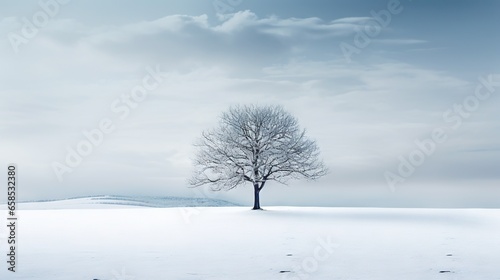  a lone tree stands alone in a snowy field with a mountain in the background. generative ai