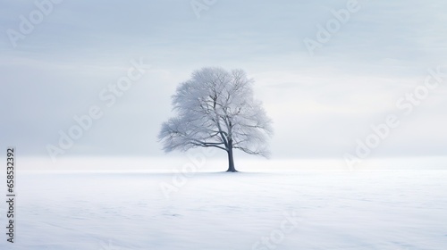  a lone tree stands alone in a snowy field with no leaves. generative ai