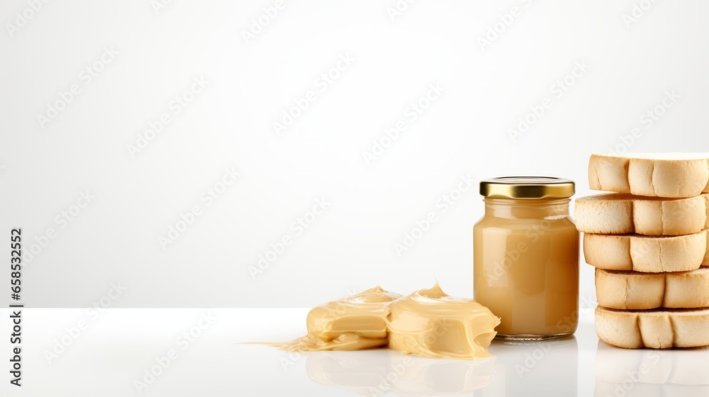 Bread pieces and a delicious peanut butter jar collaged on a white background. Bread pieces and a delicious peanut butter jar collaged on a white background.