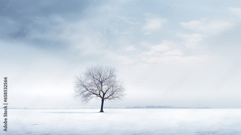a lone tree stands alone in the middle of a snowy field. generative ai a lone tree stands alone in the middle of a snowy field. generative ai