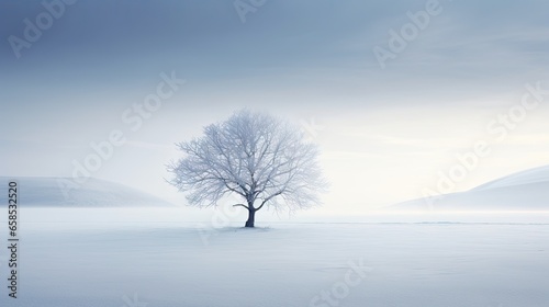  a lone tree stands alone in a snowy field with mountains in the background.  generative ai © Jevjenijs