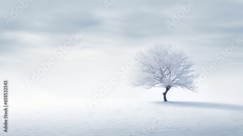  a lone tree stands alone in a snowy field with a cloudy sky. generative ai