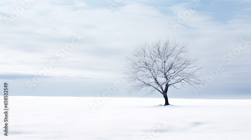  a lone tree stands alone in a snow covered field under a cloudy sky.  generative ai © Jevjenijs
