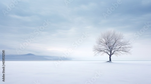  a lone tree stands alone in a snowy field with mountains in the distance. generative ai