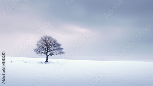 a lone tree stands alone in a snowy field under a cloudy sky.  generative ai © Jevjenijs