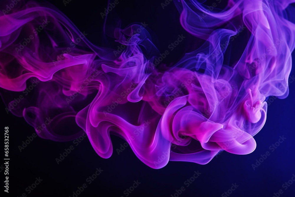 Abstract dense purple and colorful smoke in liquid on black background. Generative AI