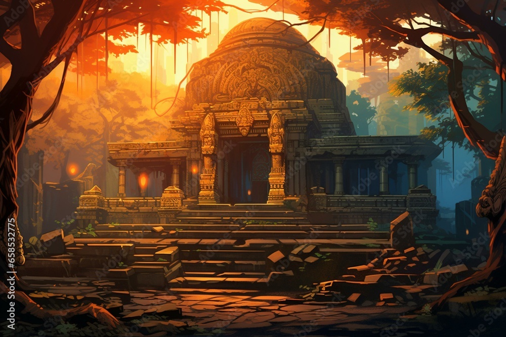 Illustration of an ancient temple dedicated to Shiva, a revered deity in India. Generative AI - obrazy, fototapety, plakaty 