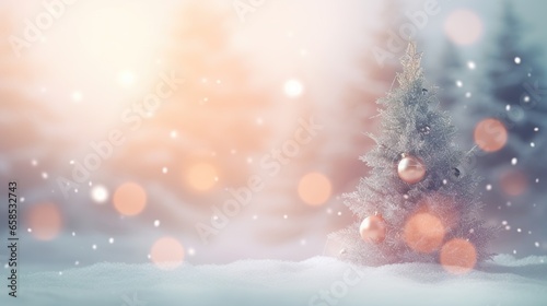  a snowy scene with a small christmas tree in the foreground.  generative ai © Jevjenijs