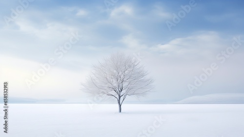 a lone tree stands alone in a snowy field under a blue sky. generative ai