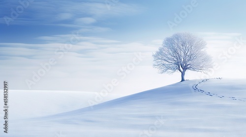  a lone tree on a snowy hill under a blue sky. generative ai