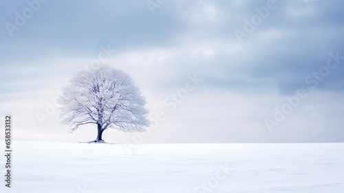  a lone tree stands alone in a snowy field under a cloudy sky.  generative ai