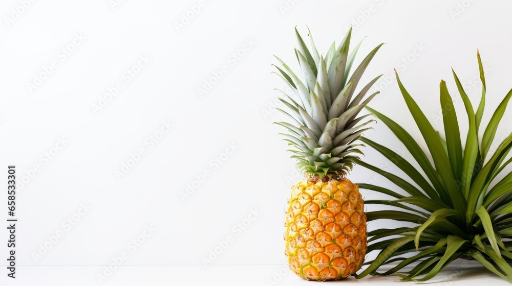 Ripe pineapple on a white wooden table among tropical leaves. with Copyspace Ripe pineapple on a white wooden table among tropical leaves. with Copyspace
