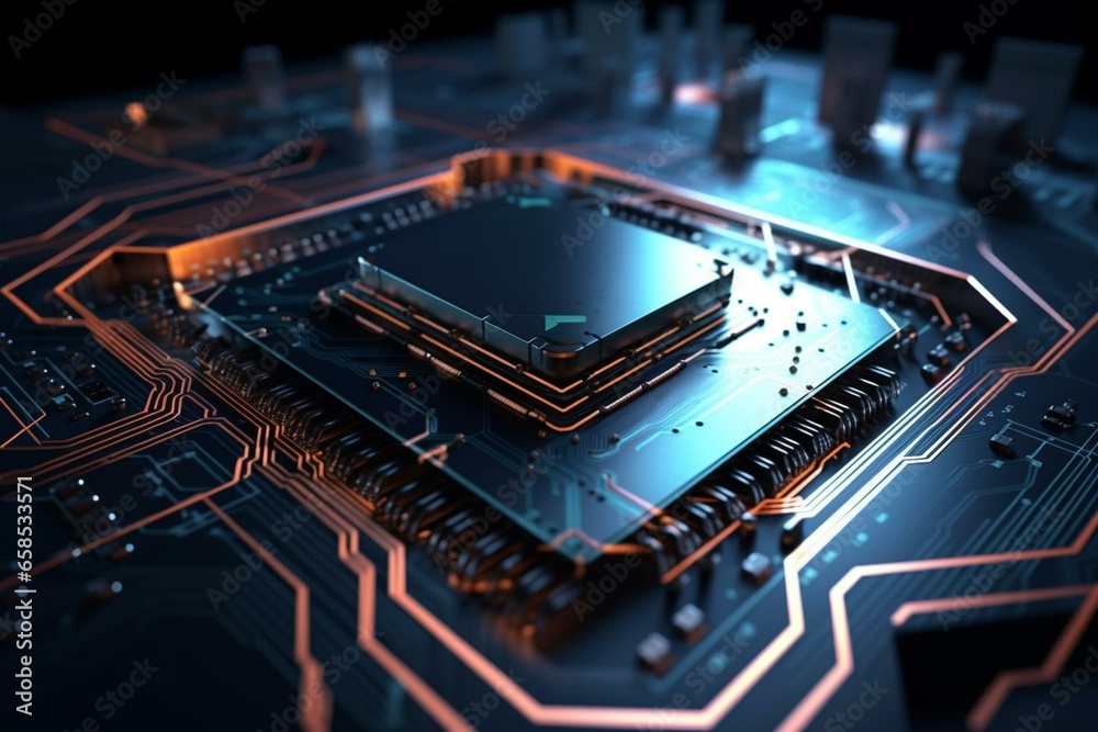 Cutting-edge circuits on abstract 3D backdrop. Generative AI Cutting-edge circuits on abstract 3D backdrop. Generative AI