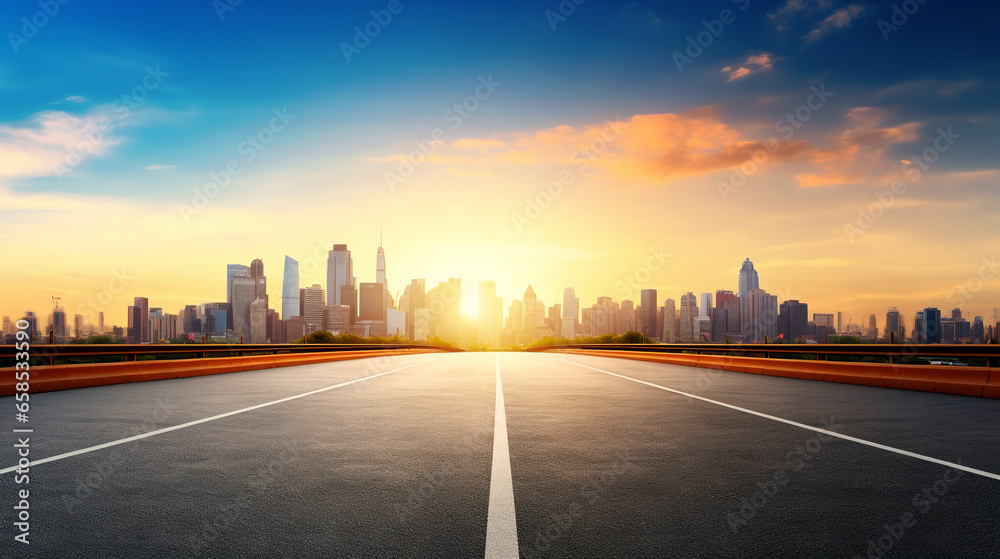 Empty asphalt road with city skyline.