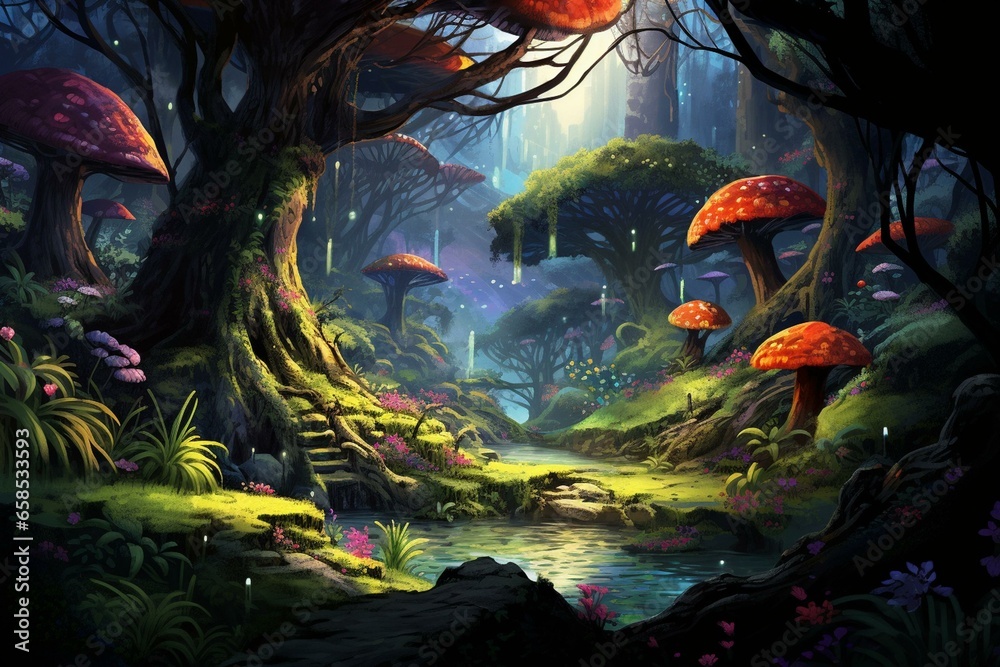 Enchanting foliage and vibrant wildlife thrive in a captivating and mysterious fantasy forest. Generative AI