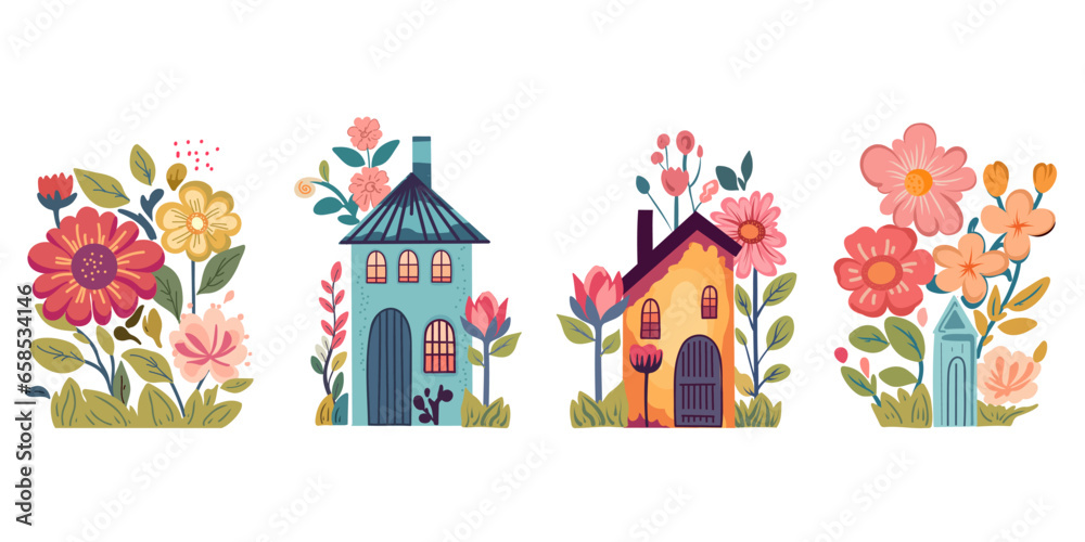 Set of cute little cartoon houses with flowers, vector illustration