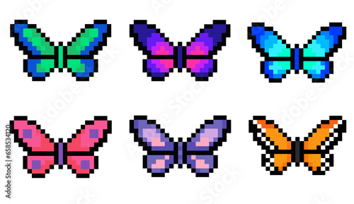 Colorful butterfly pixel art set on white