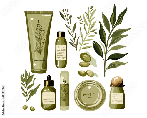 Set of natural care cosmetics with olive extract, eco, organic cosmetics, vector illustration
