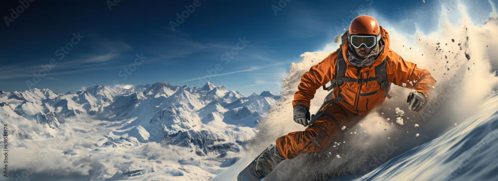 © Ed - Idea for web banner skier descends from mountains off piste, skiing on sunny day, beginning © Ed - Idea for web banner skier descends from mountains off piste, skiing on sunny day, beginning
