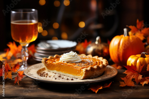 Pumpkin pie slice delicious dessert for Thanksgiving and Halloween, popular fall desserts © Ed