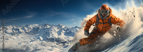 Idea for web banner skier descends from mountains off piste, skiing on sunny day, beginning