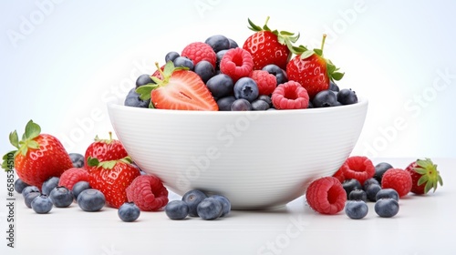 A bowl of mixed berries strawberries  blueberries  and raspberries bursting with freshness.