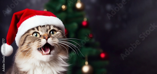 Portrait of a cat in a Santa hat against the background of a Christmas tree.