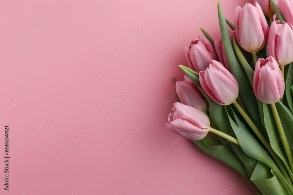Tulips bouquet on pink with space. Generative AI