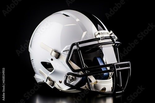 White football helmet on black background. Sports theme. Front view. Generative AI © Theron
