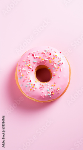 a doughnut on a light pink pastel tone background, ultra textured, studio lighting, gourmandise