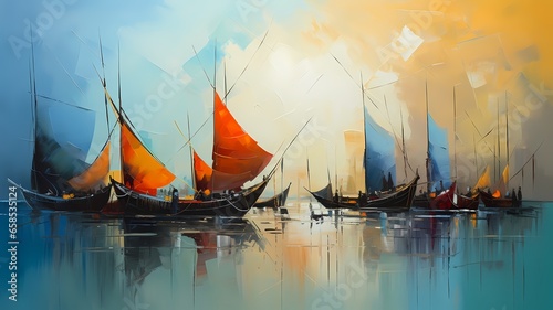 illustration de bateaux et de voiliers sur la mer © Michel