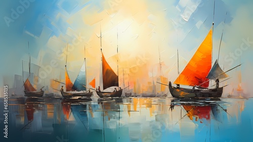 illustration de bateaux et de voiliers sur la mer © Michel