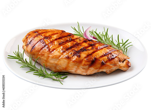 Grilled Chicken Meat Close-Up on White Plate, High-Quality Isolated Image for Food Bloggers and Designers - Generative AI