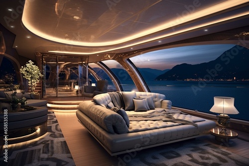 Luxurious yacht cabin interior with sea view. Generative AI