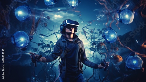 A gamer wearing a VR headset and holding motion controllers, immersed in a virtual gaming world.