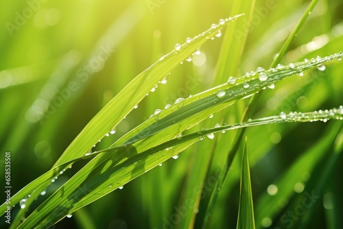 Fresh green grass with water drops close up.