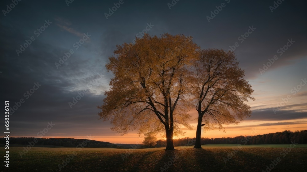 Capturing the Beauty: Low-Light Tree Silhouettes in Autumn Twilight, Generative AI
