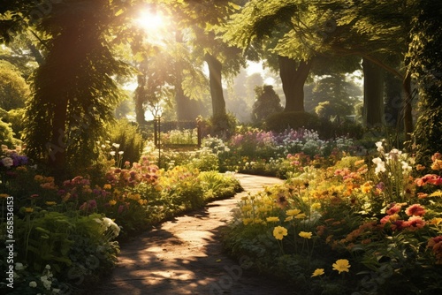 Image depicting bright sunlight shining on a beautiful garden. Generative AI