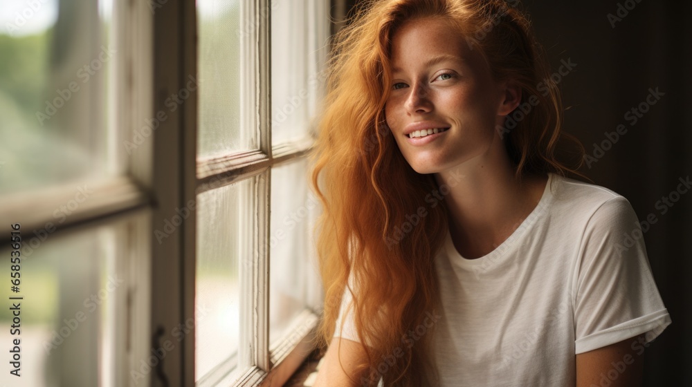 Beautiful happy ginger woman in loose home clothes at the window. Portrait of a smiling lady. Feminine beauty.