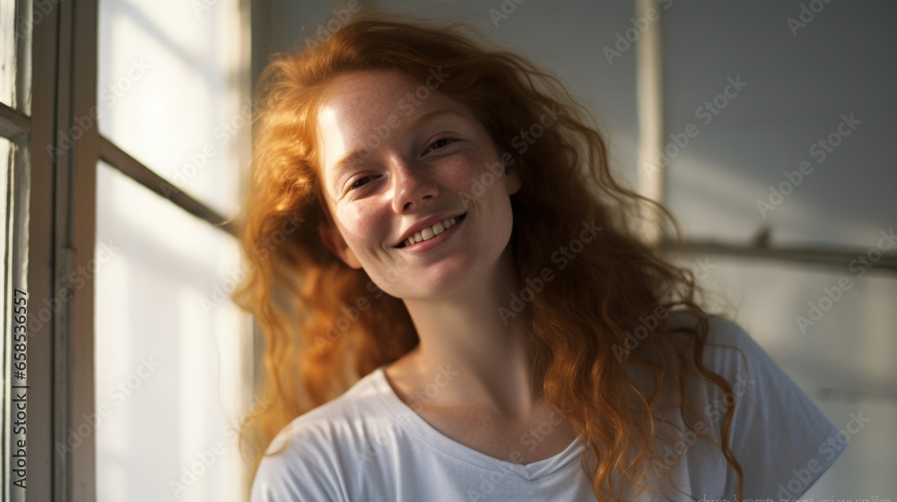 Beautiful happy ginger woman in loose home clothes at the window. Portrait of a smiling lady. Feminine beauty. Beautiful happy ginger woman in loose home clothes at the window. Portrait of a smiling lady. Feminine beauty.