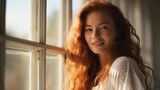 Beautiful happy ginger woman in loose home clothes at the window. Portrait of a smiling lady. Feminine beauty.