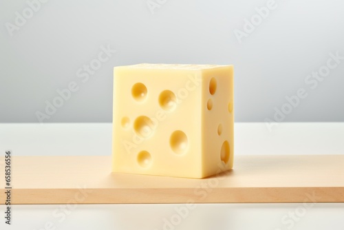 A piece of Swiss cheese cut in the shape of a cube on a wooden table. kitchen trend. cube cheese chunk.