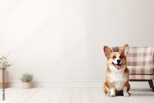 A cute corgi nestled near a armchair, waiting for its owner. copy space