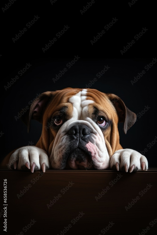 a boxer dog at the table of a dark room, waiting for his owner.