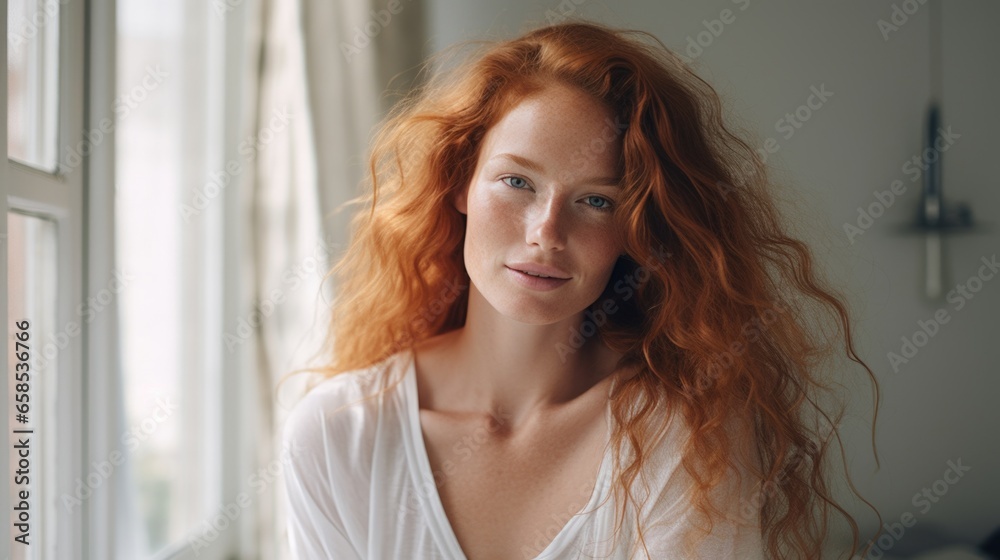 Beautiful happy ginger woman in loose home clothes at the window. Portrait of a smiling lady. Feminine beauty. Beautiful happy ginger woman in loose home clothes at the window. Portrait of a smiling lady. Feminine beauty.